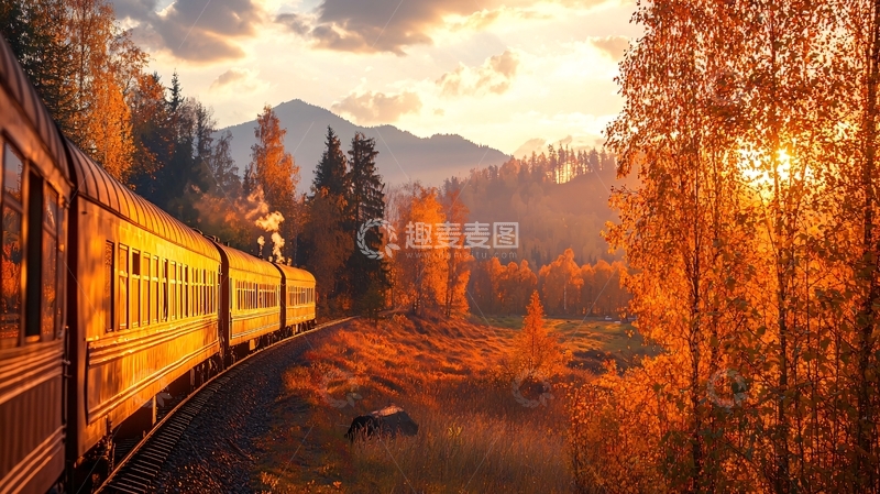 高清大图下载【趣麦麦图】秋日列车穿梭于金色森林