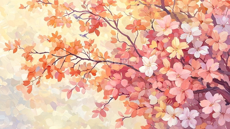 高清大图下载【趣麦麦图】粉色花朵树木的绘画风格