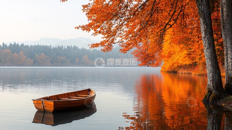 高清大图下载【趣麦麦图】秋日湖畔的孤舟