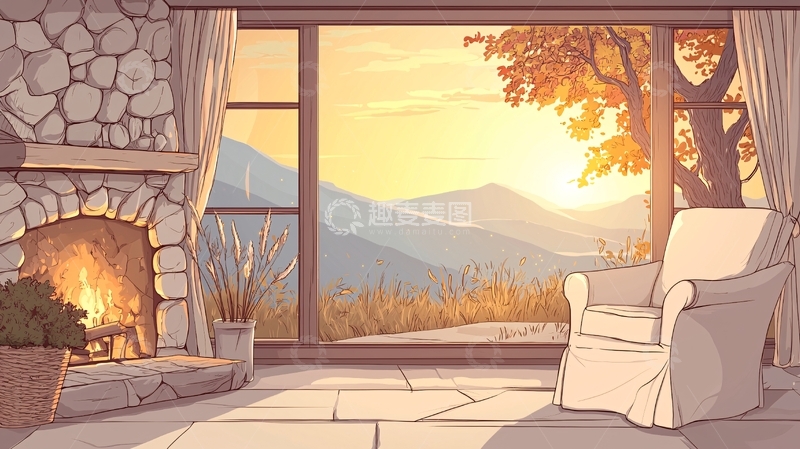 高清大图下载【趣麦麦图】温馨壁炉阳光房间