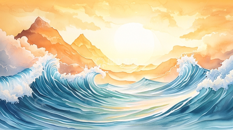 高清大图下载【趣麦麦图】波涛汹涌的海面日出