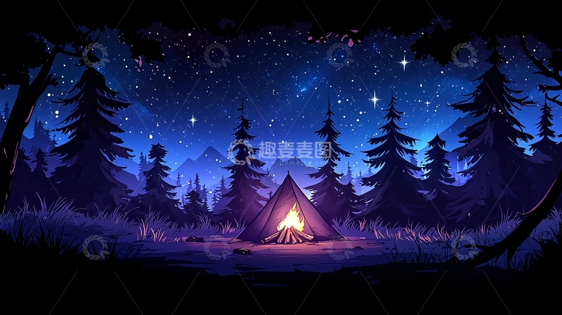 高清大图下载【趣麦麦图】夜晚星空下的露营帐篷