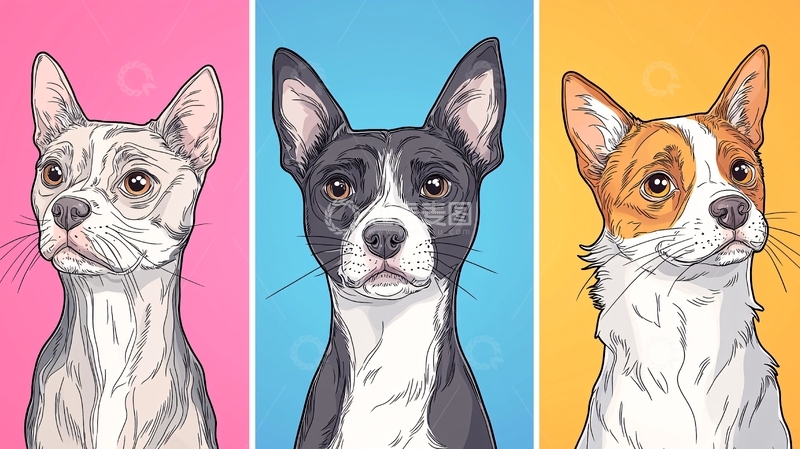高清大图下载【趣麦麦图】三只不同颜色品种的狗