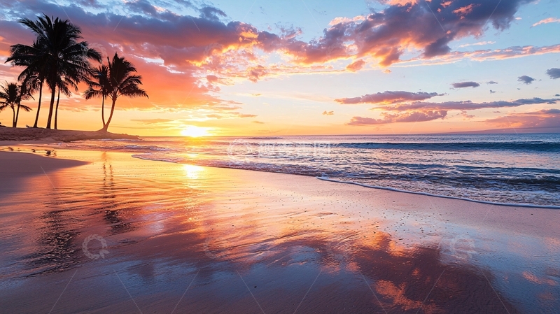 高清大图下载【趣麦麦图】海滩日落椰树倒影