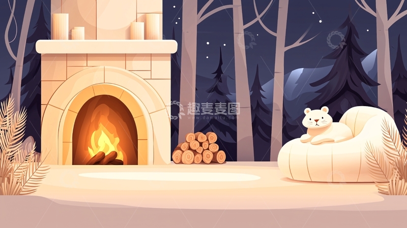 高清大图下载【趣麦麦图】壁炉旁的冬季森林场景