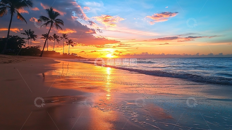 高清大图下载【趣麦麦图】海滩日落的绚丽色彩