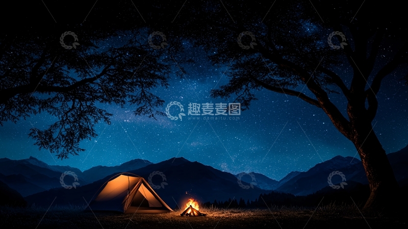 高清大图下载【趣麦麦图】星空下营地篝火夜景