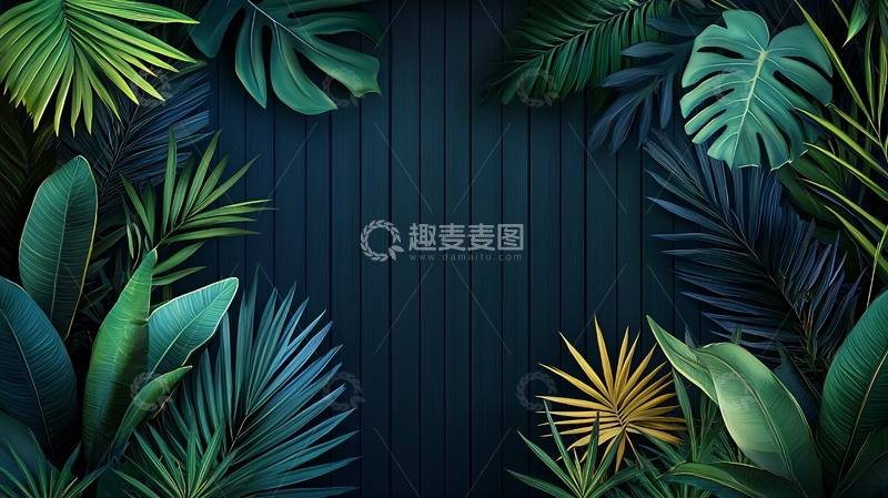 高清大图下载【趣麦麦图】热带植物围绕的深色背景