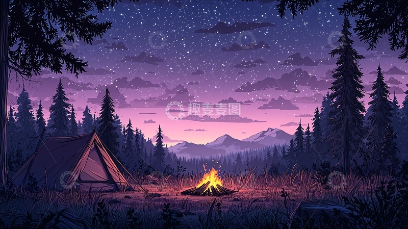 高清大图下载【趣麦麦图】星空下森林中的露营帐篷