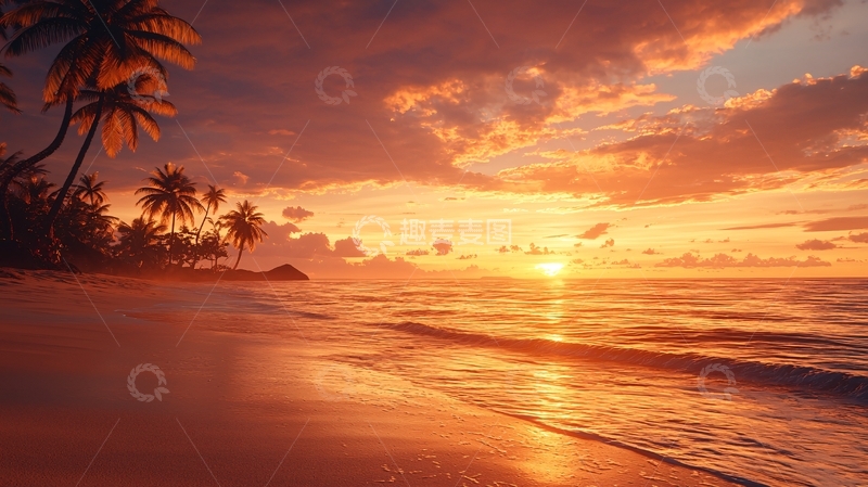 高清大图下载【趣麦麦图】海边日落椰树美景