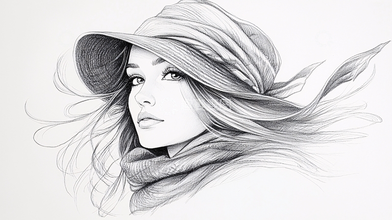 高清大图下载【趣麦麦图】戴帽子的优雅女性素描