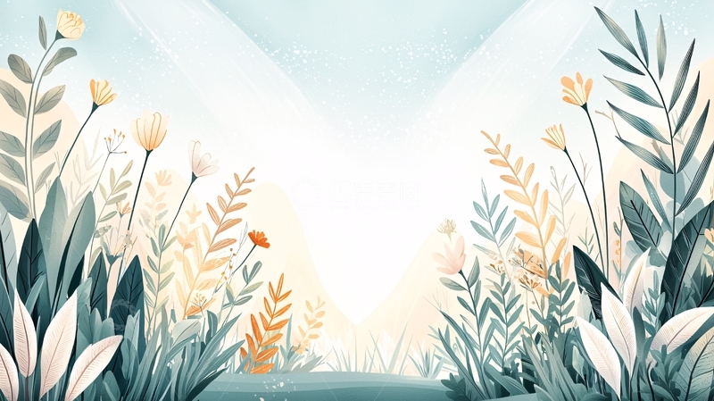 高清大图下载【趣麦麦图】浅蓝色背景植物插画