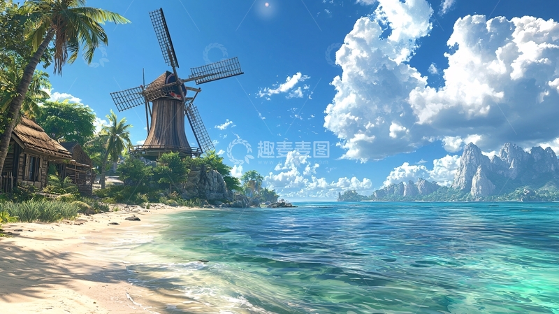 高清大图下载【趣麦麦图】海边风车风景