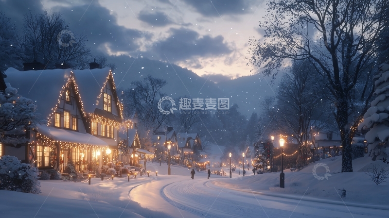 高清大图下载【趣麦麦图】雪夜小镇高清图片