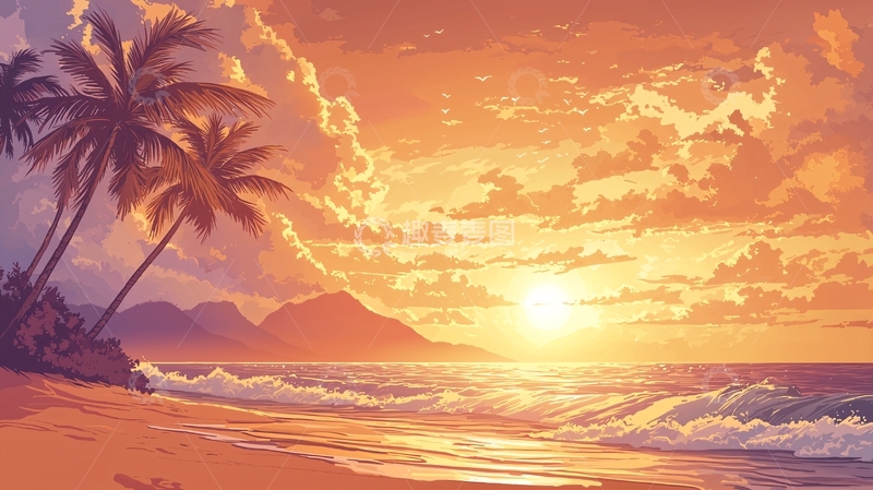 高清大图下载【趣麦麦图】金色海滩日落风景
