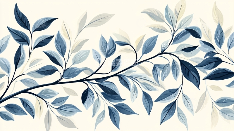 高清大图下载【趣麦麦图】蓝白色调树叶藤蔓水彩