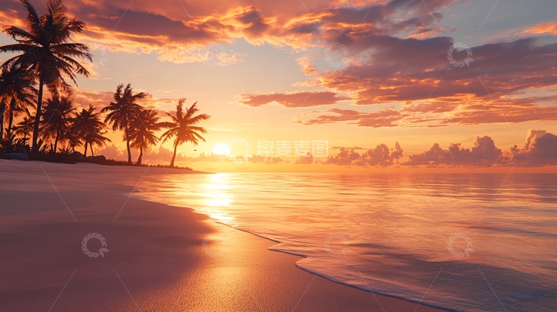 高清大图下载【趣麦麦图】热带海滩日落椰子树