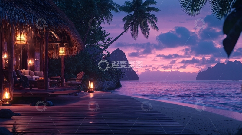 高清大图下载【趣麦麦图】海边小屋晚霞椰树剪影