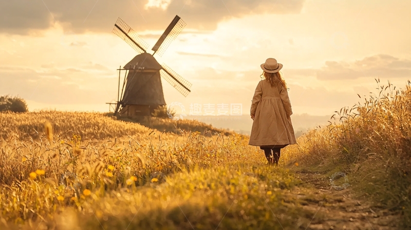 高清大图下载【趣麦麦图】金黄麦田中的风车与女孩