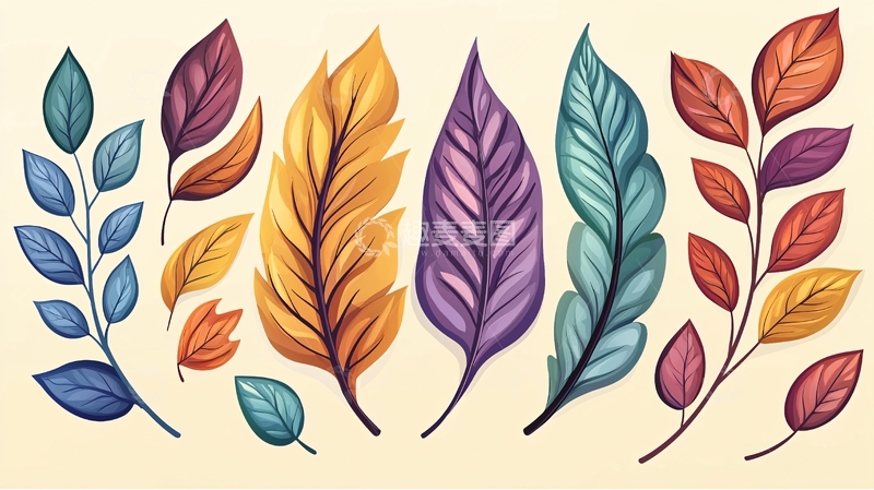 高清大图下载【趣麦麦图】彩色手绘树叶集合