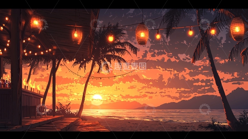高清大图下载【趣麦麦图】海边椰树夕阳灯笼美景
