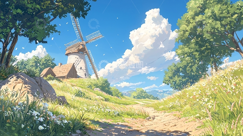 高清大图下载【趣麦麦图】蓝天白云下的风车田园风光