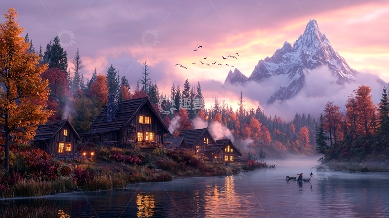 高清大图下载【趣麦麦图】秋日湖畔小屋