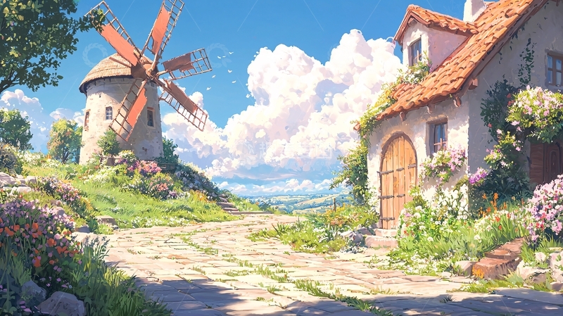 高清大图下载【趣麦麦图】田园风光房子和风车