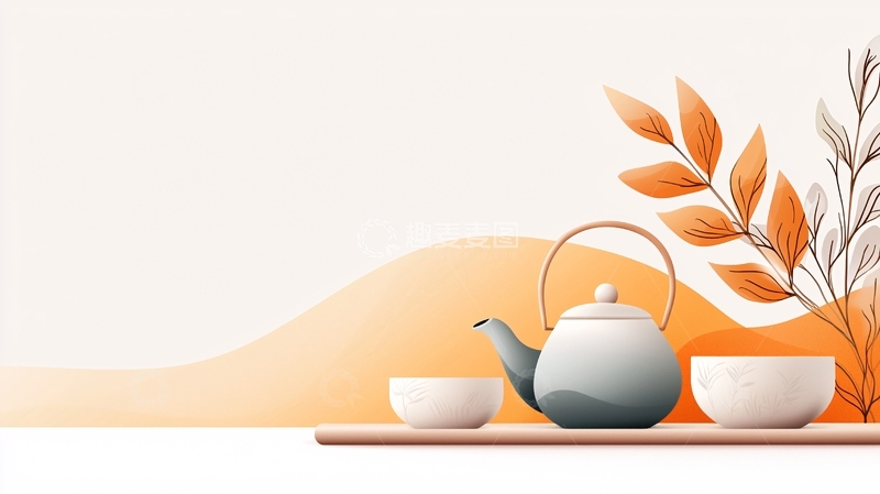 高清大图下载【趣麦麦图】茶壶茶杯与秋叶的静物