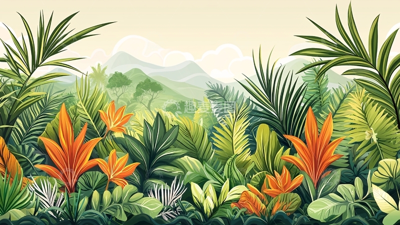 高清大图下载【趣麦麦图】热带植物丛林背景插画