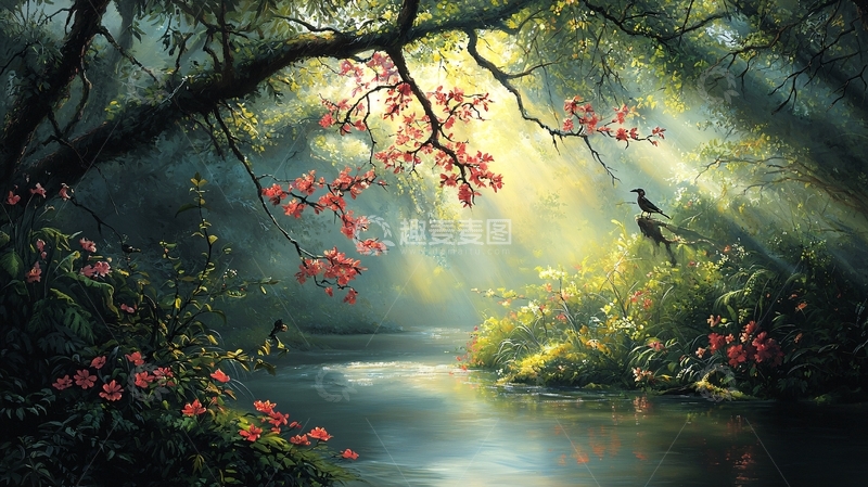 高清大图下载【趣麦麦图】森林光线下的河流