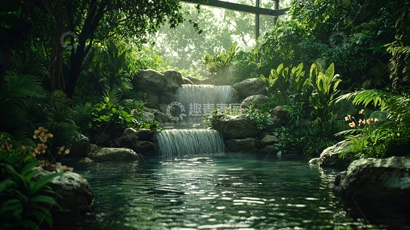 高清大图下载【趣麦麦图】郁郁葱葱的瀑布小溪