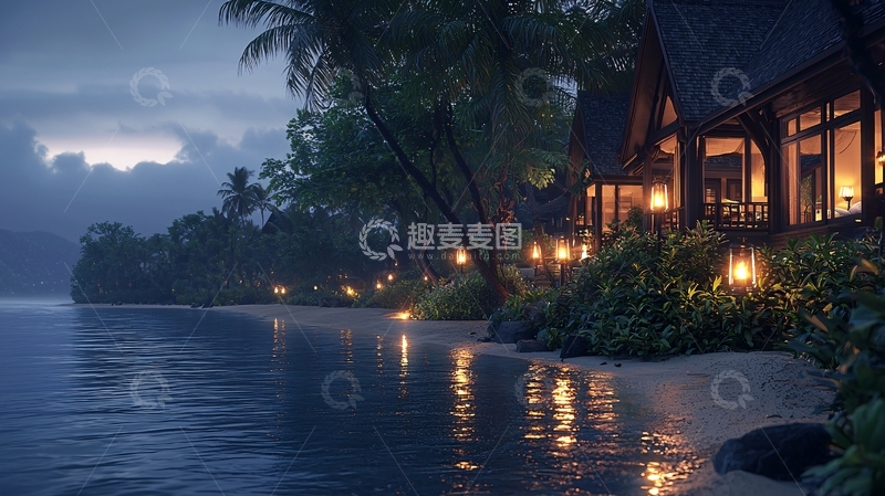 高清大图下载【趣麦麦图】海边夜晚亮灯小屋景色