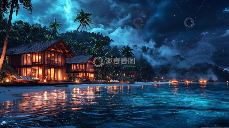 高清大图下载【趣麦麦图】海边夜景小屋灯光