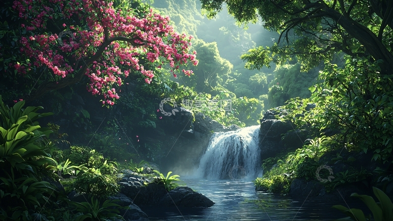 高清大图下载【趣麦麦图】郁郁葱葱的森林小瀑布