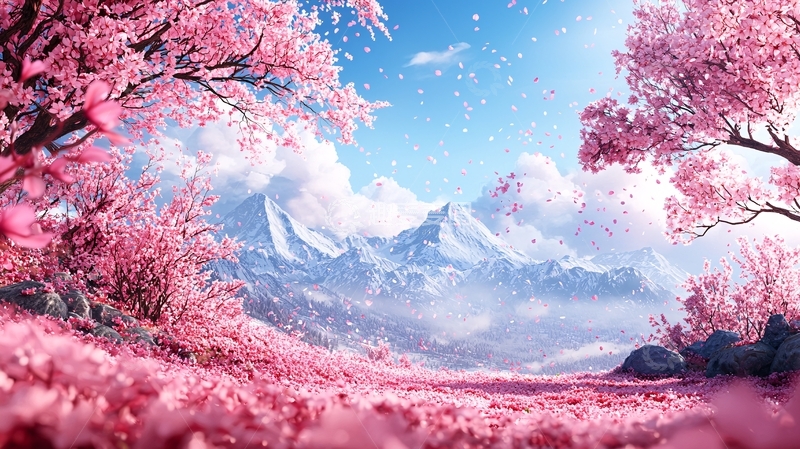 高清大图下载【趣麦麦图】樱花漫天飞舞的山景