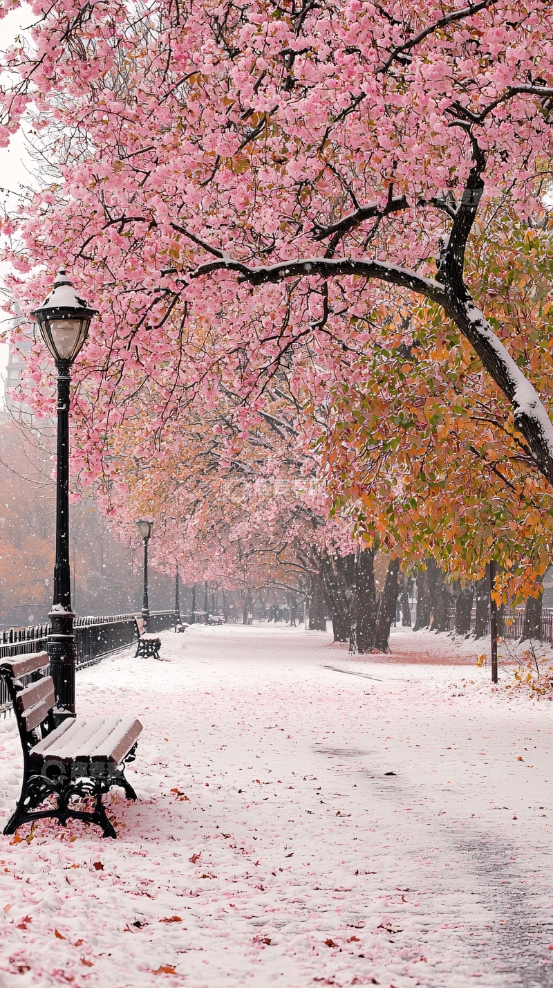 高清大图下载【趣麦麦图】雪后樱花盛开的公园