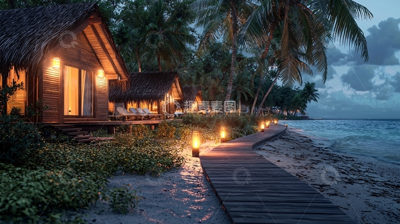 高清大图下载【趣麦麦图】海边茅草屋夜景
