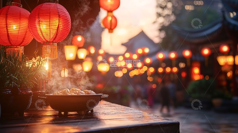 高清大图下载【趣麦麦图】夜幕下的古镇灯笼美食