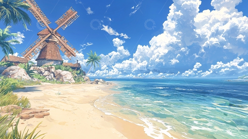 高清大图下载【趣麦麦图】海边风车唯美风景