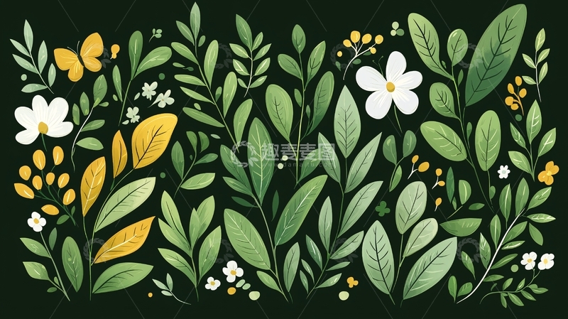 高清大图下载【趣麦麦图】绿色植物花卉组合图案