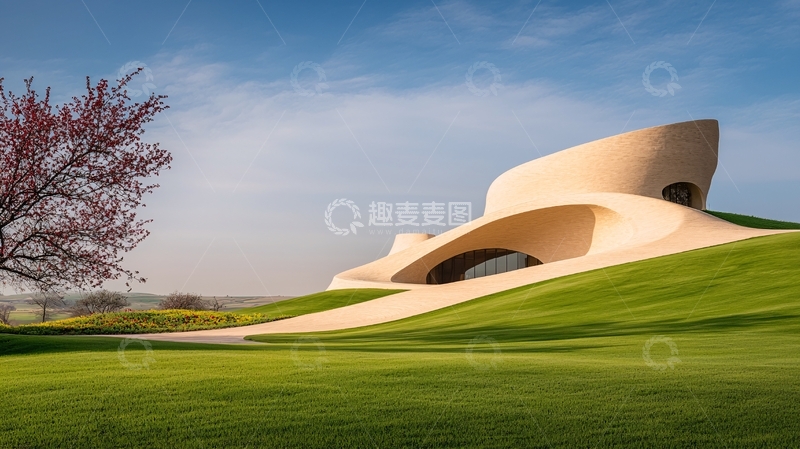 高清大图下载【趣麦麦图】曲线建筑与绿色草地