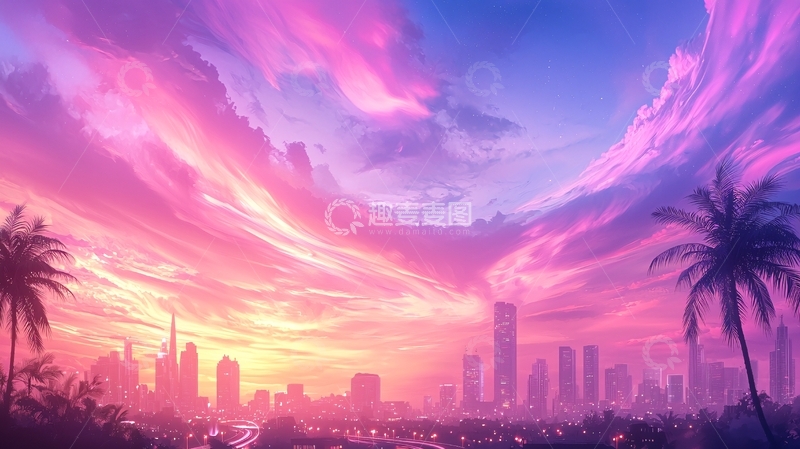 高清大图下载【趣麦麦图】粉紫天空下的城市剪影