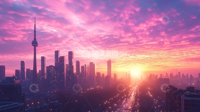 高清大图下载【趣麦麦图】多伦多城市天际线日出