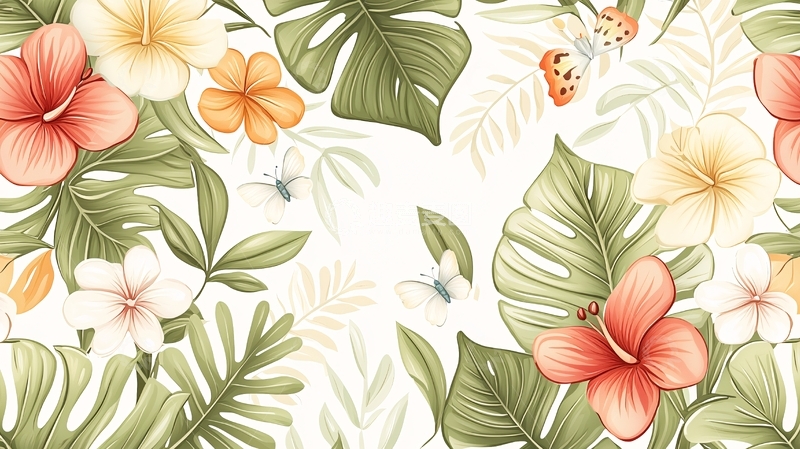 高清大图下载【趣麦麦图】热带花卉绿叶背景图案