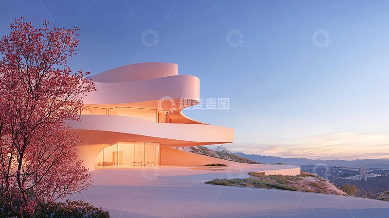 高清大图下载【趣麦麦图】粉色流线型建筑与樱花