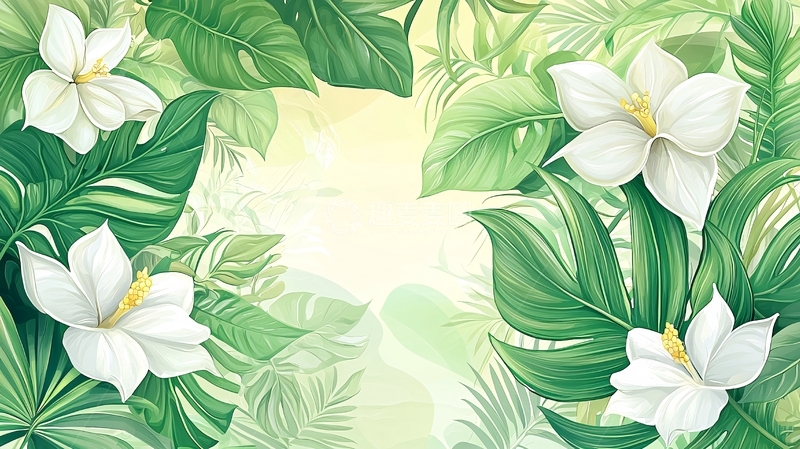 高清大图下载【趣麦麦图】热带花卉绿叶背景图案
