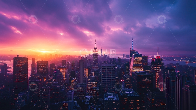 高清大图下载【趣麦麦图】城市日落紫粉色天空