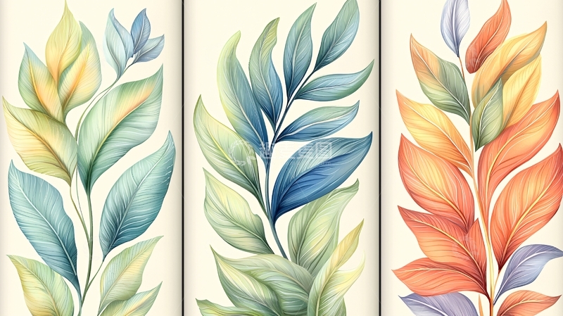 高清大图下载【趣麦麦图】水彩风格的树叶插画