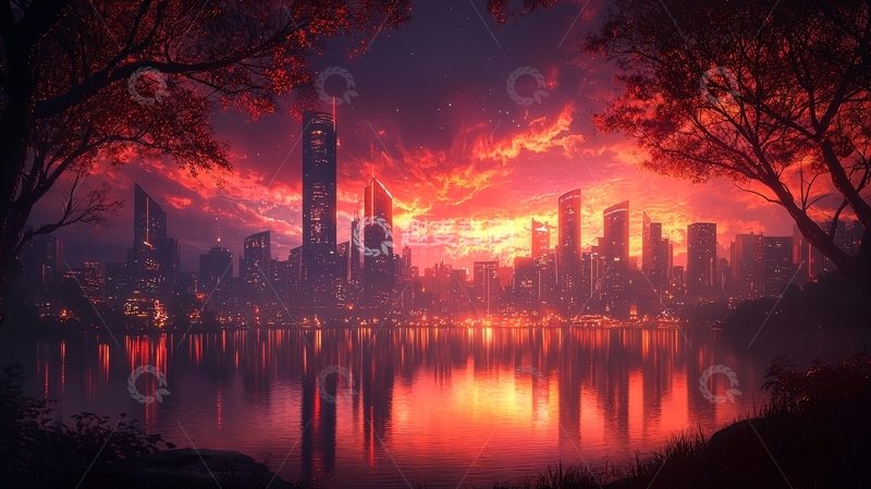 高清大图下载【趣麦麦图】城市天际线火烧云